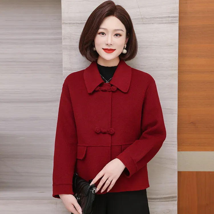 高端中老年女装羊毛大衣双面呢2025新款国风小个子妈妈喜婆婆外套