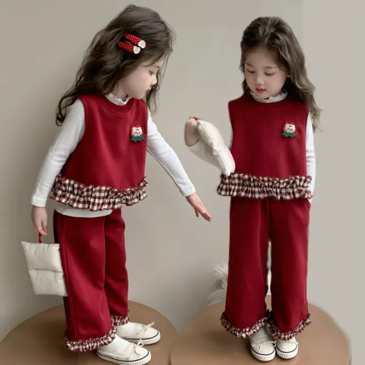 【小香风】女童洋气套装2025秋装新款韩系复古马甲打底衫裤子三件套