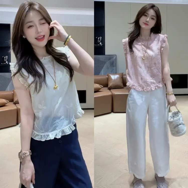爆款夏季一整套超好看套装女装无袖小衫九分阔腿裤时尚减龄两件套