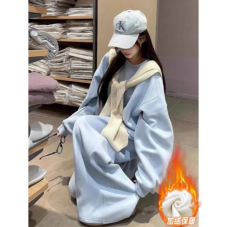 慵懒风纯棉休闲加绒运动服套装女秋冬韩版显瘦宽松卫衣卫裤两件套