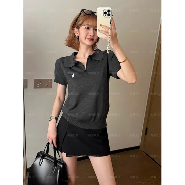 早秋新款POLO领拉链短袖小马刺绣简约条纹美式学院风设计感上衣女