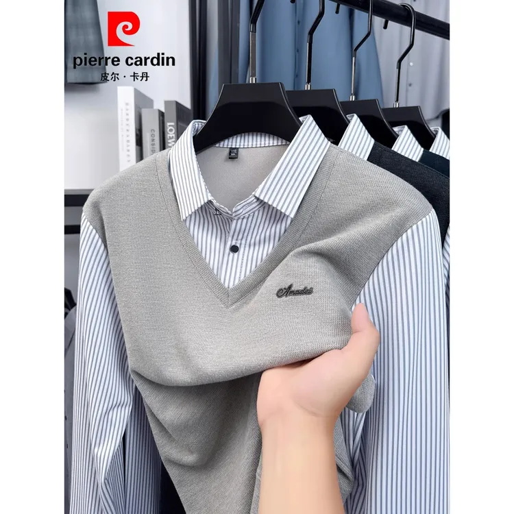皮尔卡丹秋冬季新款假两件休闲加厚男士长袖衬衫领毛衣保暖针织衫