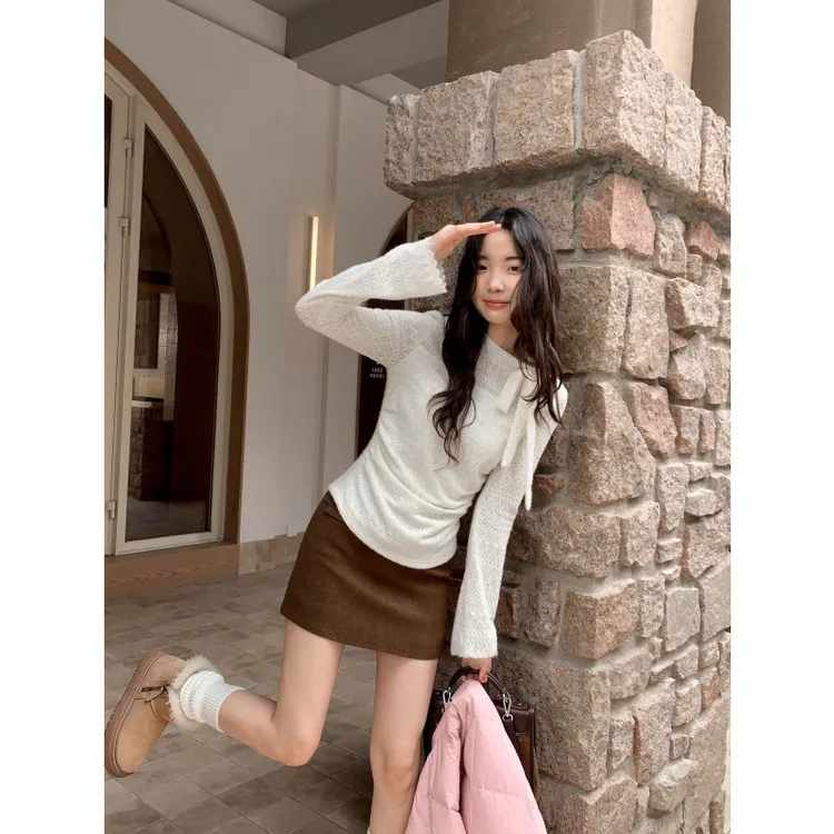 法式设计感纯欲气质显瘦长袖上衣女2025新款高腰显瘦百搭短裙套装