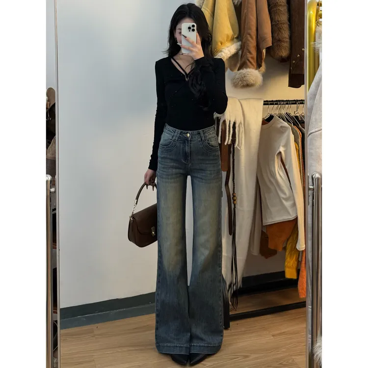 秋冬季高腰微喇牛仔裤女怀旧风新款厚款加绒修身显瘦弹力百搭裤子