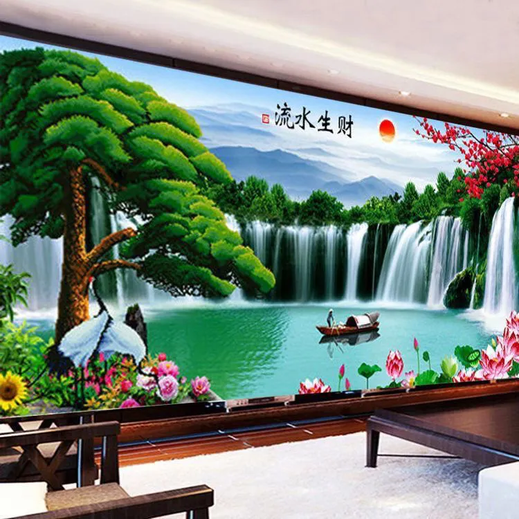 新款流水生财自粘画迎客松客厅山水画风景床头装饰画