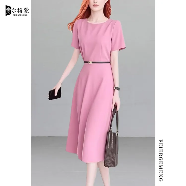 高档轻熟风古着短袖连衣裙2025夏季新通勤时尚纯色长后妈裙显瘦