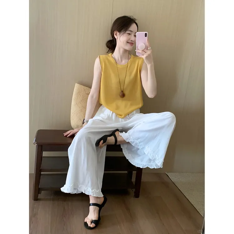 气质黄色短袖2025夏季新款韩版修身显瘦减龄上衣T恤裤子套装女