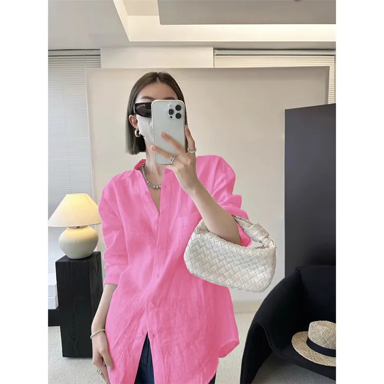 亚麻衬衫女夏季新款韩版宽松纯色百搭显瘦长袖网红洋气炸街女装