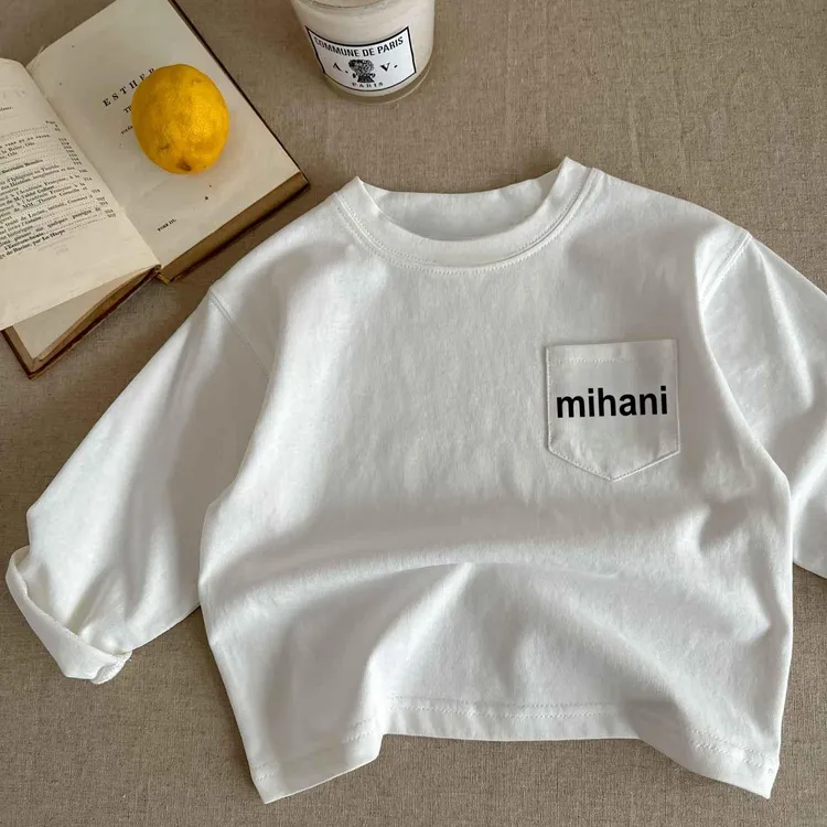 纯棉儿童T恤口袋长袖春秋新款男童女童字母上衣潮宝宝打底衫洋气