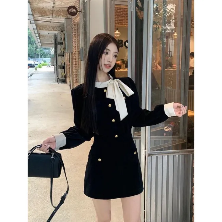 小香风套装裙两件套蝴蝶结灯芯绒外套富家千金女秋冬高腰半身短裙