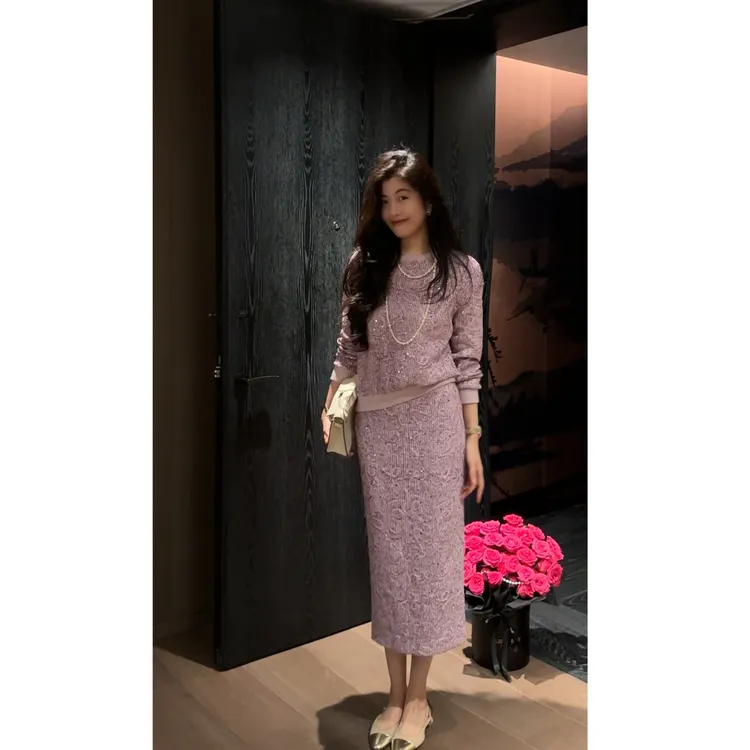 N.COU妮蔻25秋新款优雅气质女人味紫色烫钻时髦针织套装DY22983