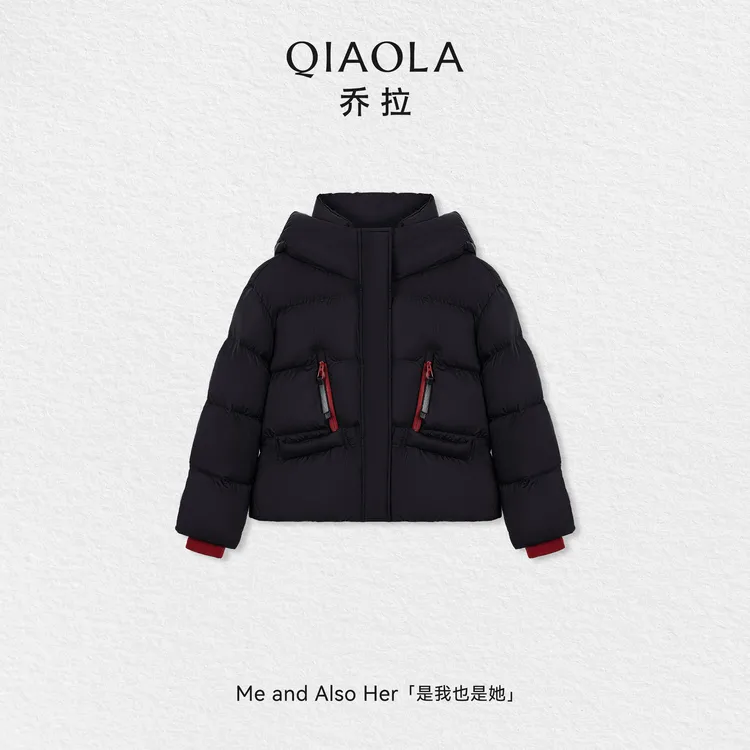 QIAOLA/乔拉【红莓巧糖】秋冬鸭绒黑红撞色拉链加厚羽绒服连帽外套