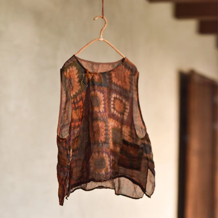 4072原创轻薄数码印花苎麻文艺女式马甲手工绣线传统缝制盘扣背心