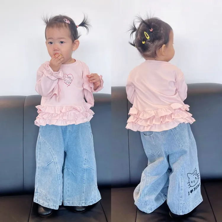 【烁烁家】2025韩版秋季新款女童卡通猫荷叶边假两件上衣阔腿牛仔裤