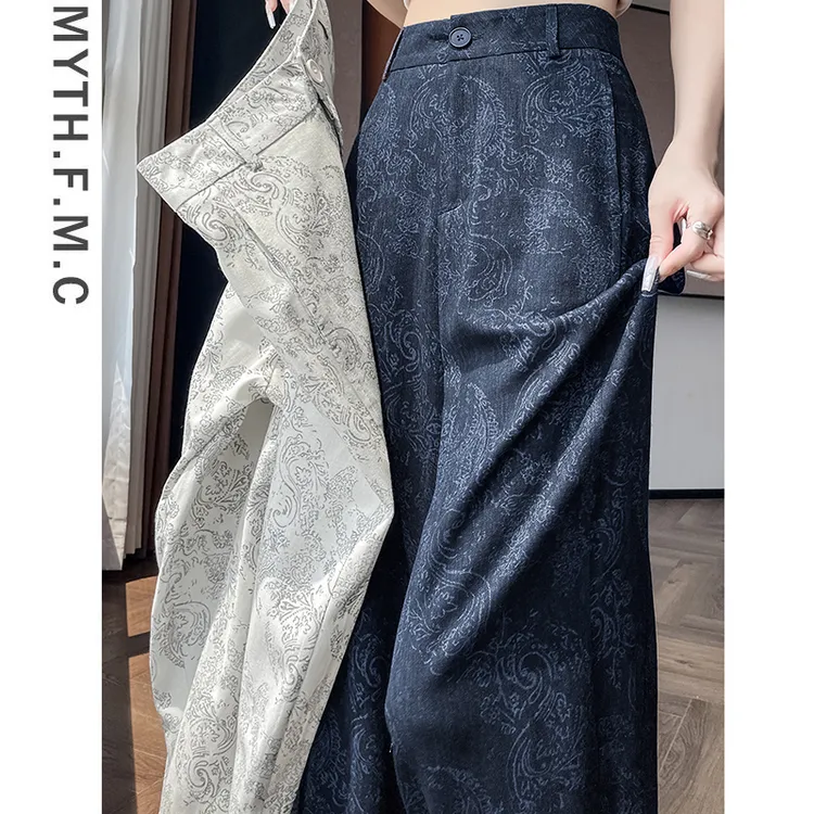 夏天亚麻印花西装裤子女夏季薄款2025新款宽松冰丝直筒阔腿裤垂感