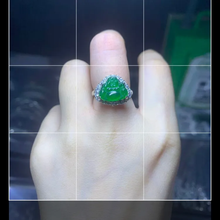 天然A货高级翡翠佛公满绿色戒指活动可调时尚百搭合金镶精致豪华