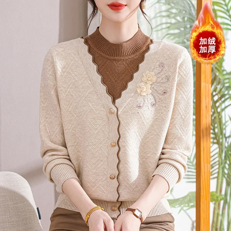 2025年新款秋冬妈妈装时尚洋气减龄毛衣宽松外穿假两件上衣打底衫