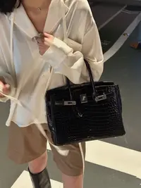 "头层牛皮雾面鳄鱼纹" 黑色银扣铂金包通勤手提包高级感/全钢五金