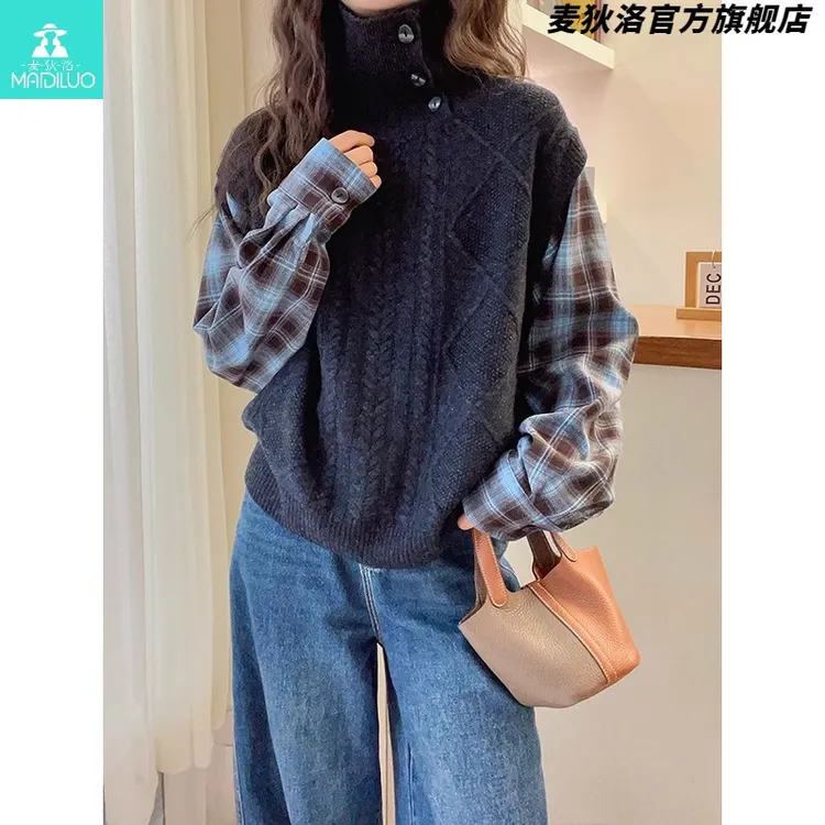 设计感杂线高领软糯精致拼接针织衫女秋冬季新款加厚马甲背心叠穿