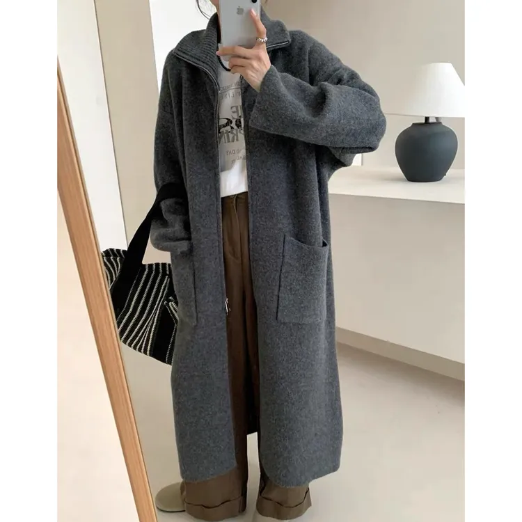 原创新品韩系加厚拉链包边过膝长款高品质毛衣开衫女秋冬针织外套