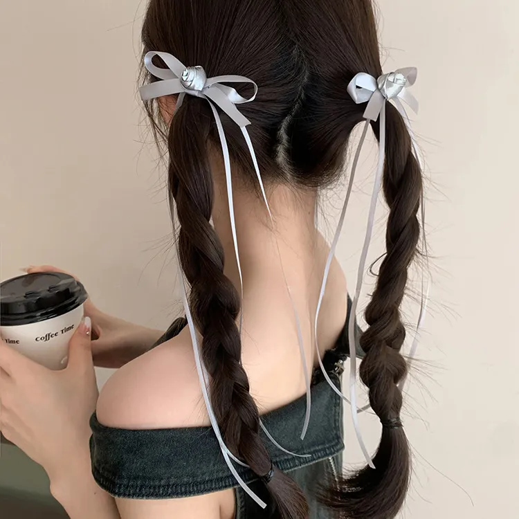 芭蕾风银色花朵蝴蝶结飘带发夹女后脑勺双马尾编发头饰小夹子发饰