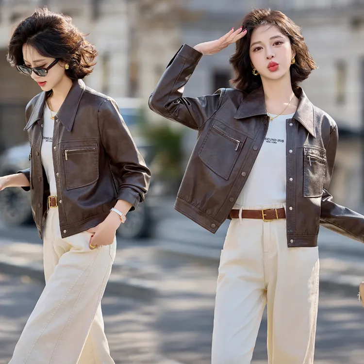 2025春季女装新款大量现货机车款方领皮衣外套