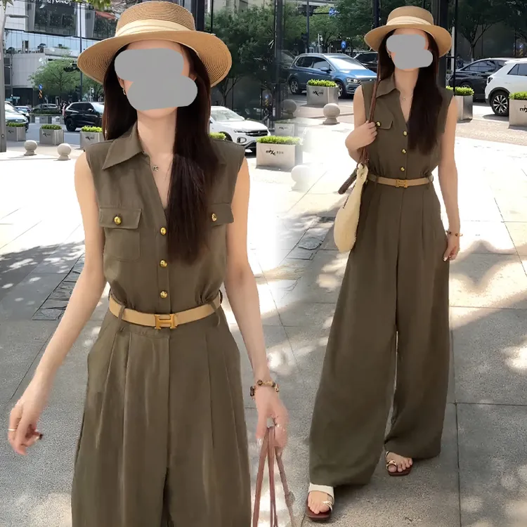 2025年夏季新款时尚气质御姐范老钱风无袖翻领高腰连体裤连体衣女