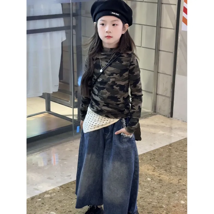 秋季新款童装女童套装韩版时尚长袖米彩T恤休闲牛仔裤两件套