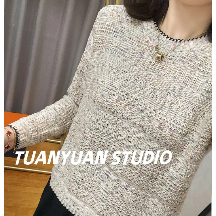【星空幻彩】圆领设计感钩花套头针织衫秋冬新款遮肚宽松百搭上衣