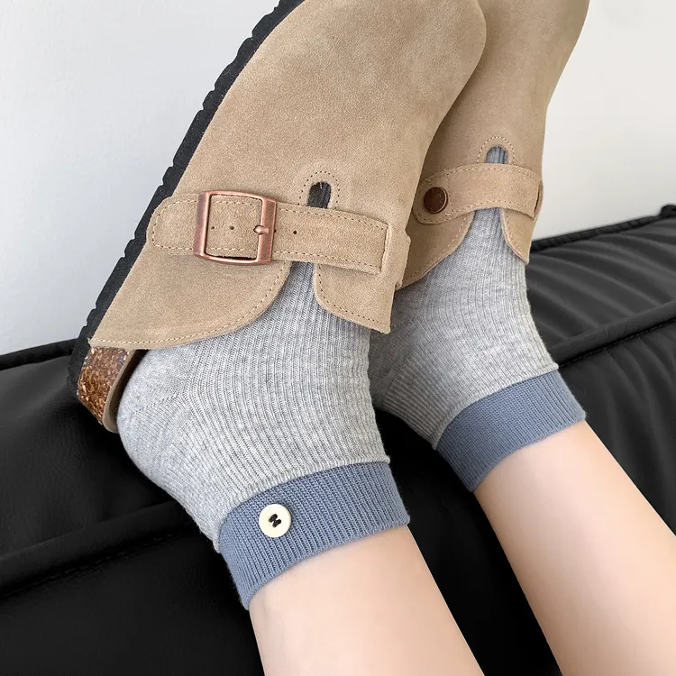 杭臻纽扣拼色袜子女夏季薄款短筒袜棉袜爆款2025新款日系无骨短袜