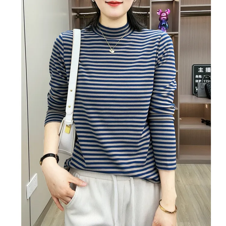 25年秋冬半高领条纹打底衫女加绒加厚双面澳绒保暖长袖上衣