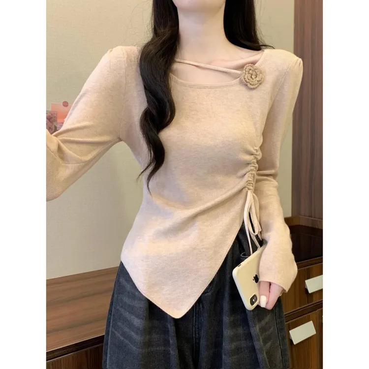 不规则打底衫女秋装穿搭2025新款洋气修身毛衣内搭高级感短款上衣