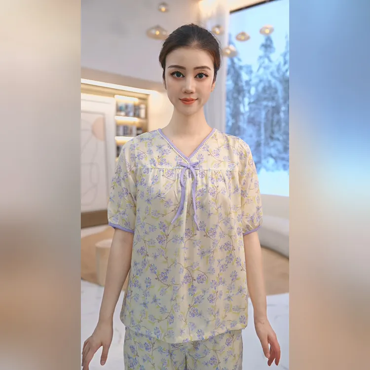 秋鹿轻盈透气RC梭织棉清凉睡衣女春夏薄款短袖法式碎花家居服