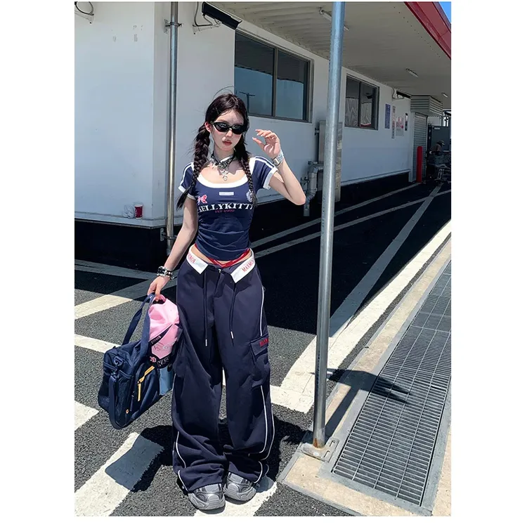 美式运动套装女夏季复古时尚搭配T恤休闲显瘦上衣辣妹长裤两件套