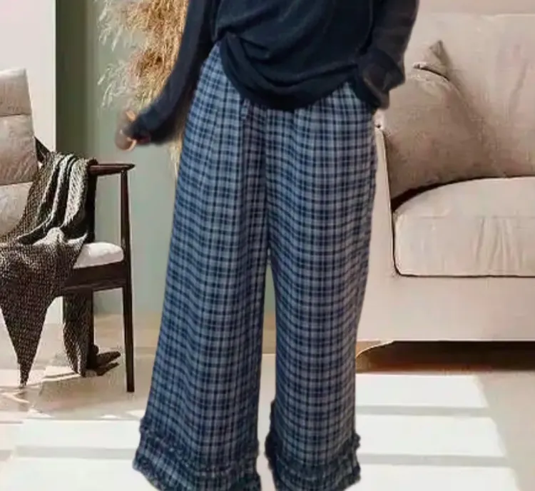 夏季高腰格子木耳边宽松显瘦直筒阔腿裤