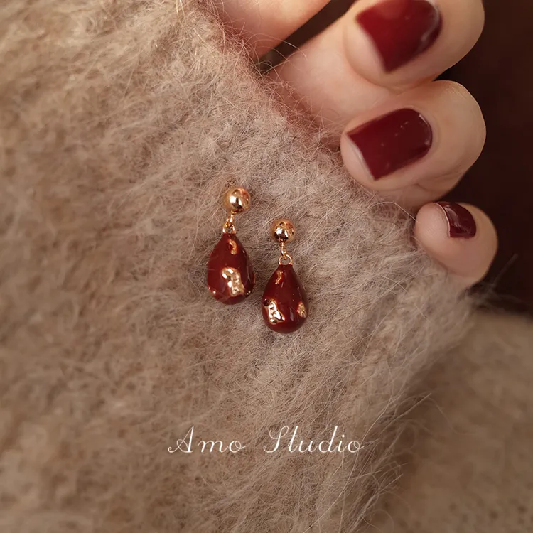 925银耳饰 岁禧安可拉红色水滴新年耳钉高级耳饰适合春节过年耳环