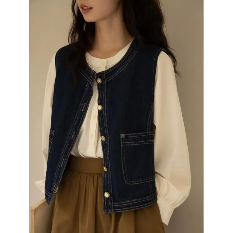 2025日系复古牛仔马甲女春季叠穿背心外搭小个子设计感坎肩马夹