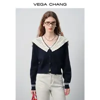 VEGA CHANG针织衫女2025秋季新款小个子白色翻领气质短款开衫外套