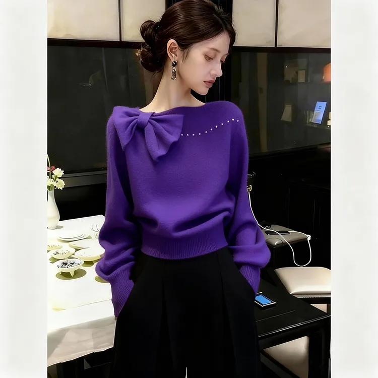 毛衣女款2025新款秋冬巨好看气质高端紫色蝴蝶结内搭针织衫上衣厚