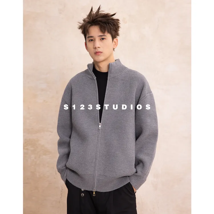 聪明陈900克重 老钱风基础款纯色双拉链立领毛衣休闲百搭针织情侣