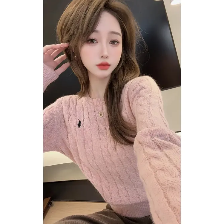 时尚休闲百搭粉色长袖针织衫慵懒减龄显白毛衣YY-80072