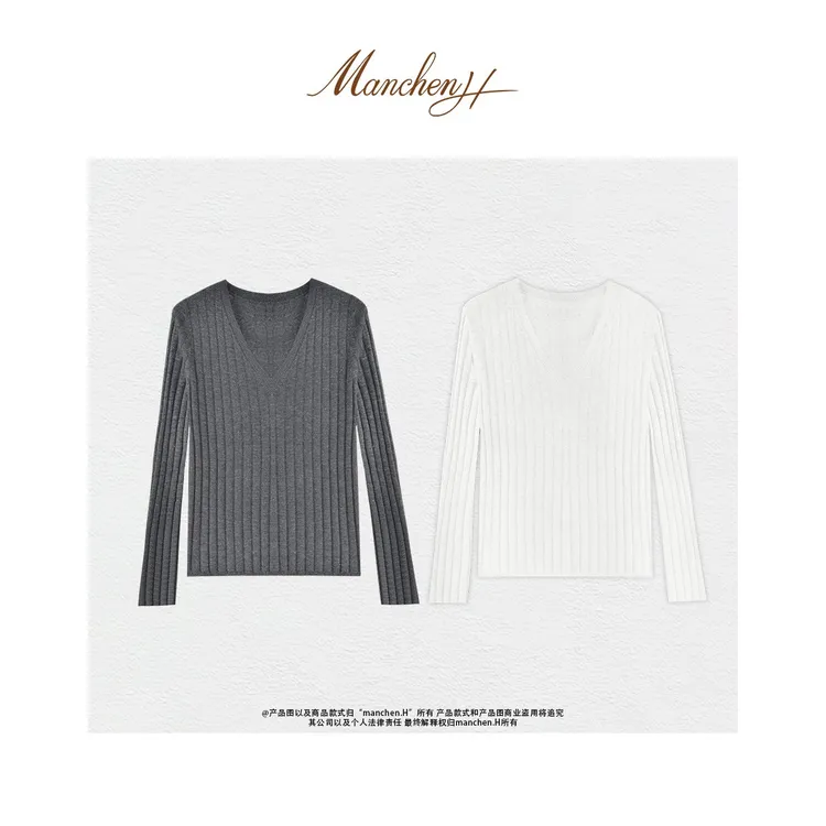 Manchenh"BC简序"意大利进口纱线2股70s金丝羊绒纱v领针织上衣