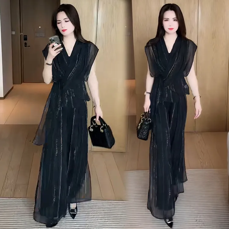 时尚套装女神范气质2025年夏季新款短袖显瘦减龄高腰垂感两件套