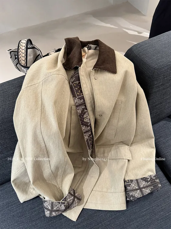 2025早秋新款老钱风撞色翻领风衣夹克外套复古休闲气质中长款衬衫