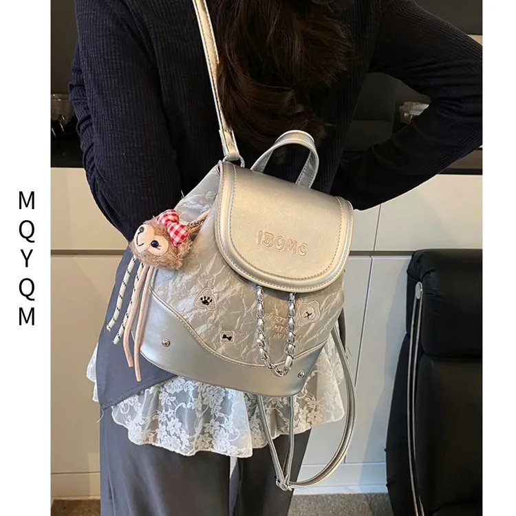 超火洋气银色双肩包女2025新款时尚小背包韩版潮流网红单肩水桶包