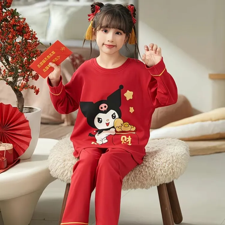 春秋季新款纯棉儿童睡衣红色长袖卡通可爱舒适儿童家居服套装