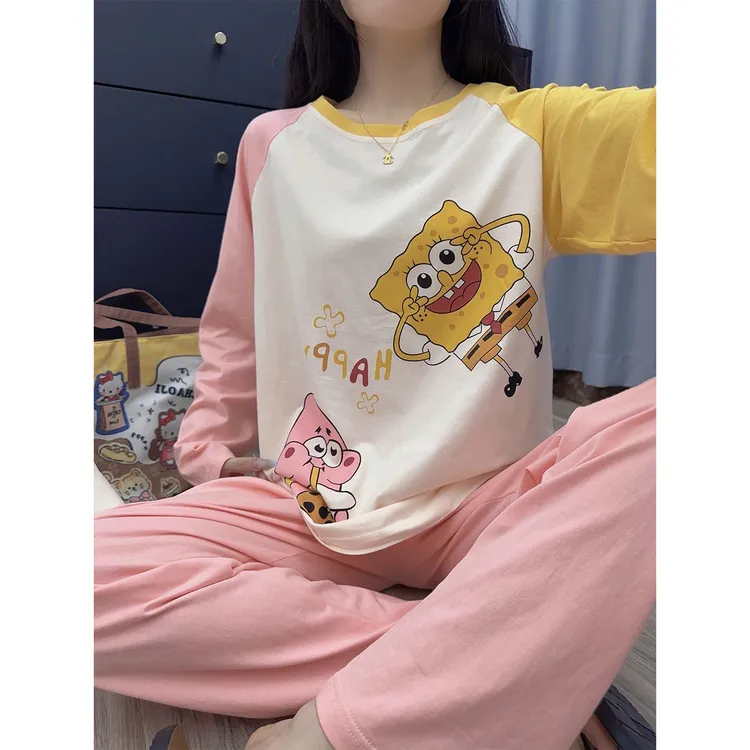 卡通睡衣女款春秋季纯棉可外穿长袖套头套装甜美风学生家居服外穿