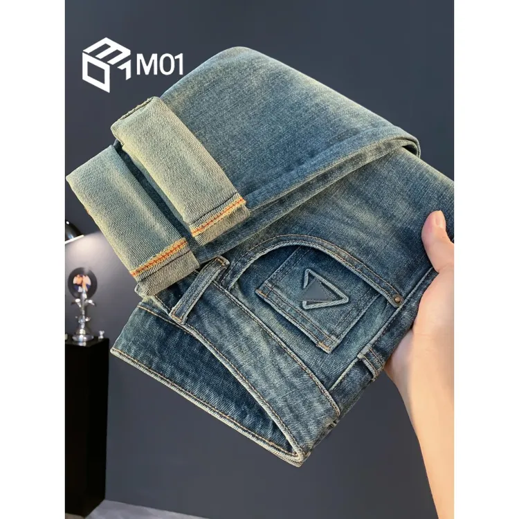 M01新款秋季做旧复古蓝色男士高级感潮牌修身小脚休闲牛仔长裤子