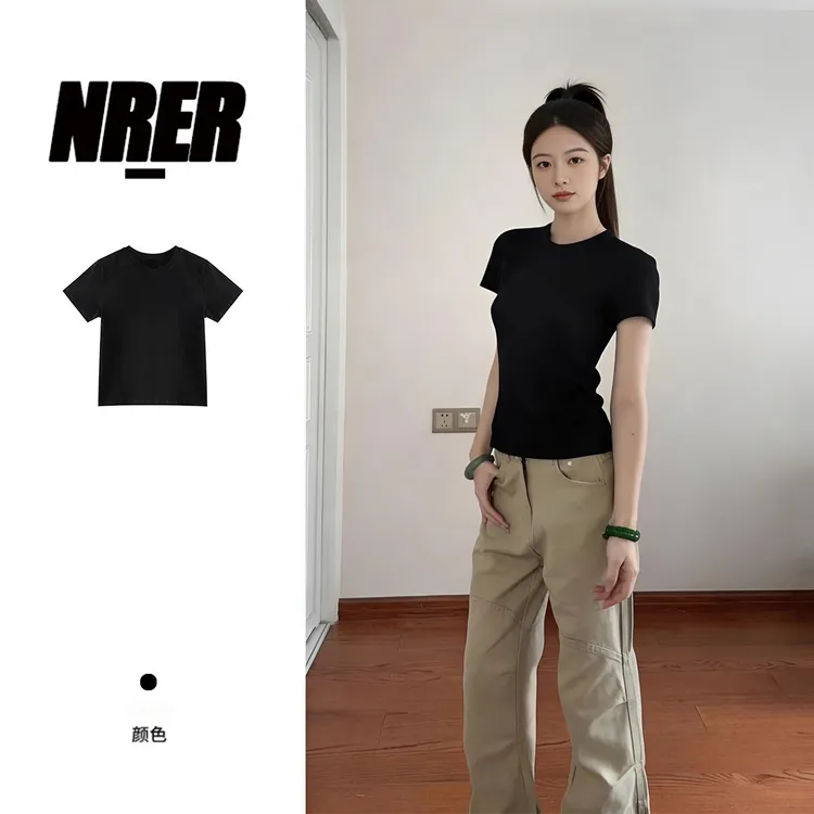 NRER「收腰修身款」韩系短袖t恤女圆领休闲黑色瘦身显瘦修身上衣女商品图