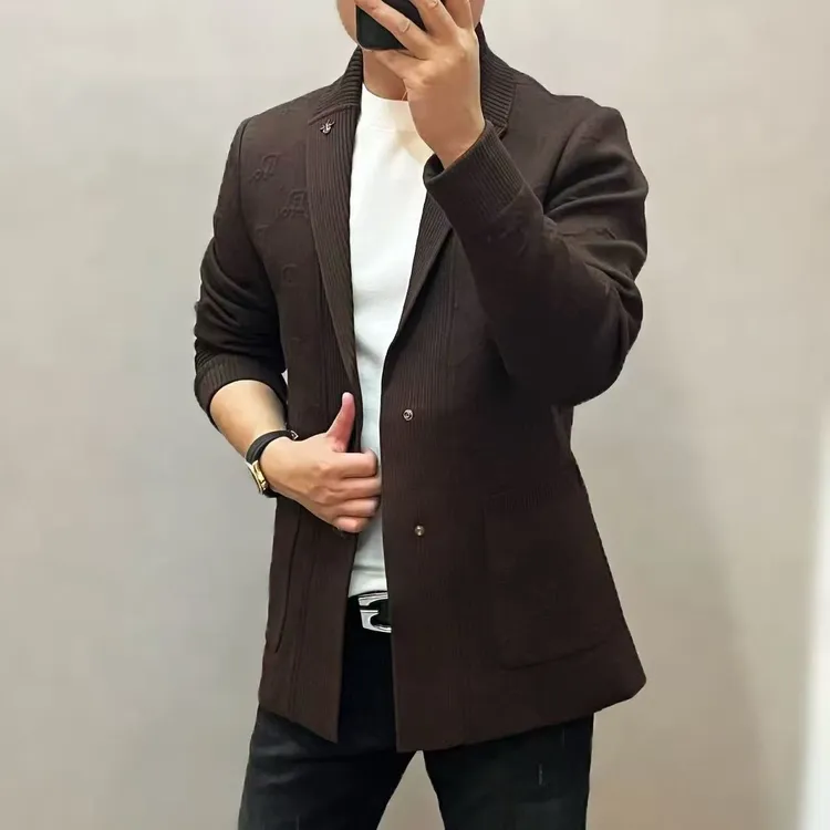 新款高端男士休闲简约针织纯色长袖西服8527